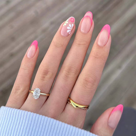 Blossoming Blush Long Round Press On Nails in Soft Pink Ombre with White Floral Accents