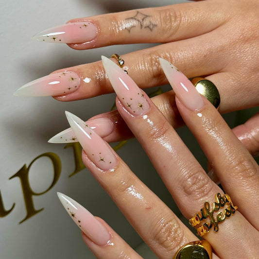 Celestial Dream long stiletto press on nails light pink with gold star embellishments