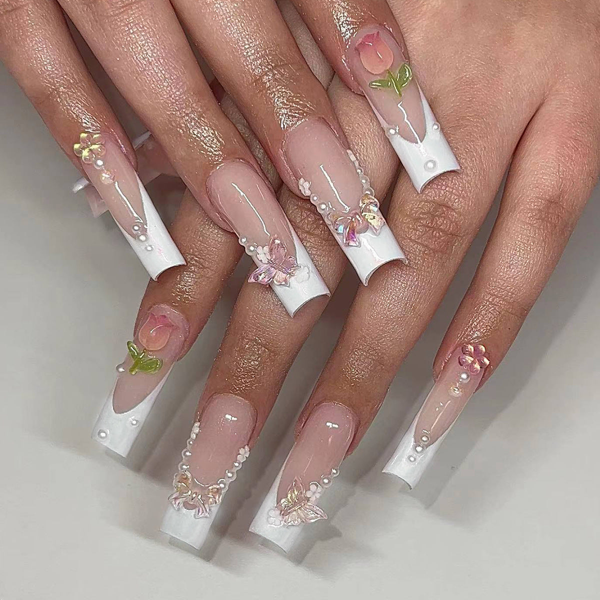 Whimsical Floral Dream Long Square White with Colorful Butterfly and Flower Accents Press On Nail Set