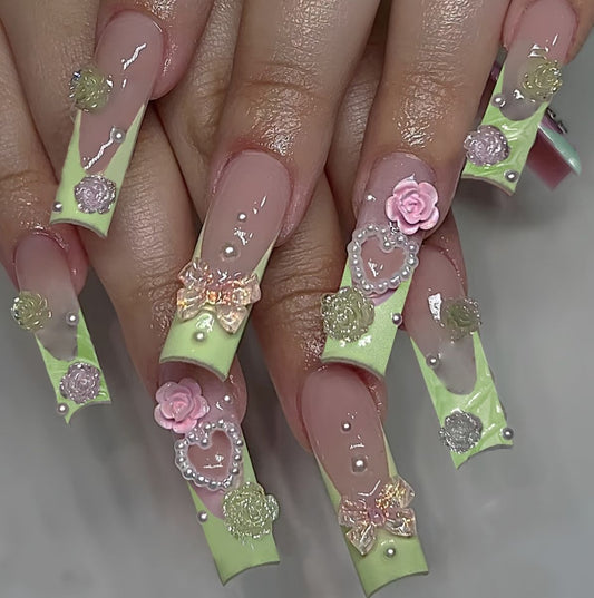 Springtime Blossom Extra Long Square Light Green with Floral Embellishments and Pearls Press On Nail Set