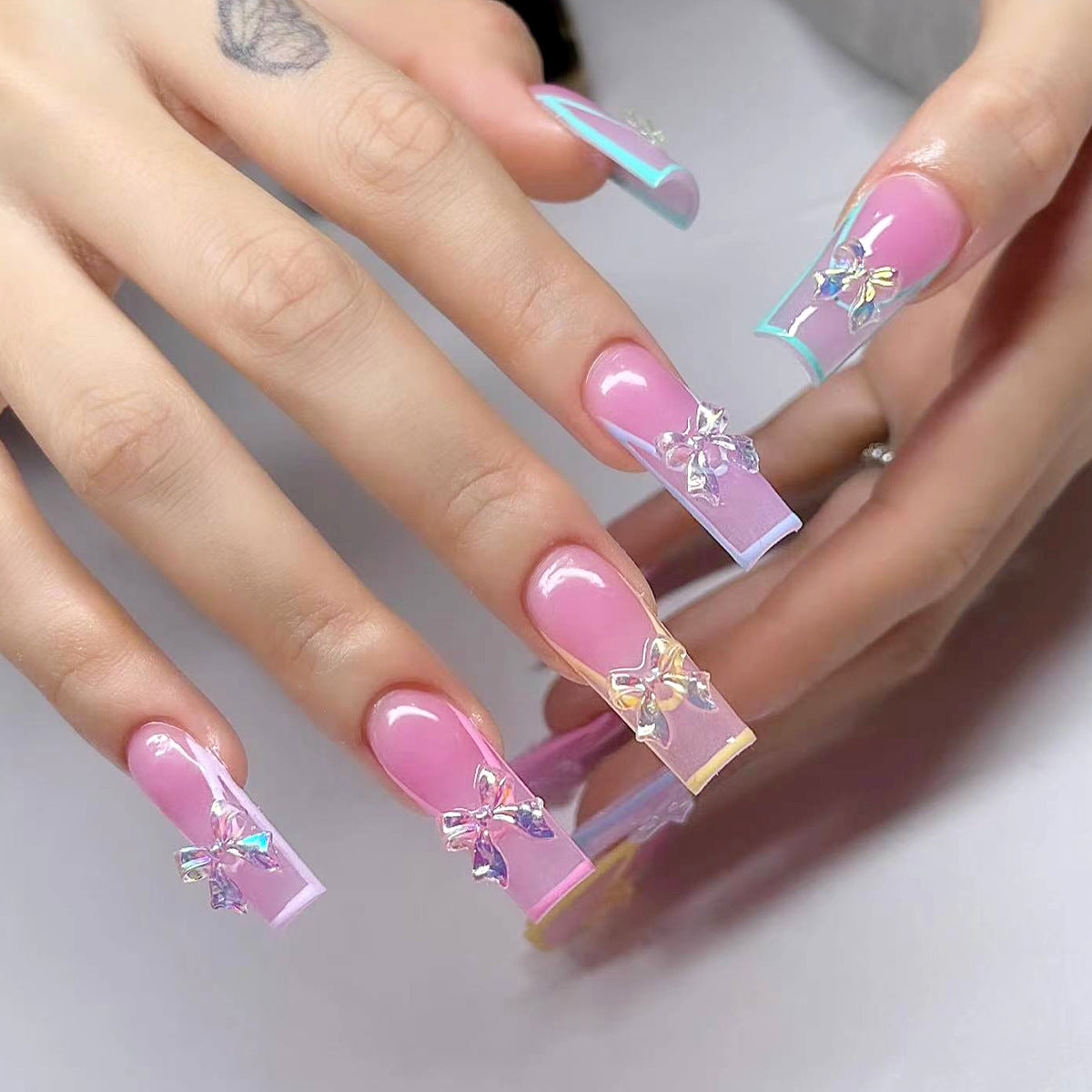 Charming Butterfly Dreams Long Coffin Pink and Multicolor Press On Nail Set with Glittering Rhinestone Accents