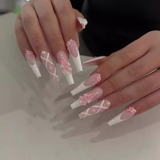 Cherry Blossom Elegance Extra-Long Coffin Pink and White Ombre Press On Nail Set with 3D Flower Accents