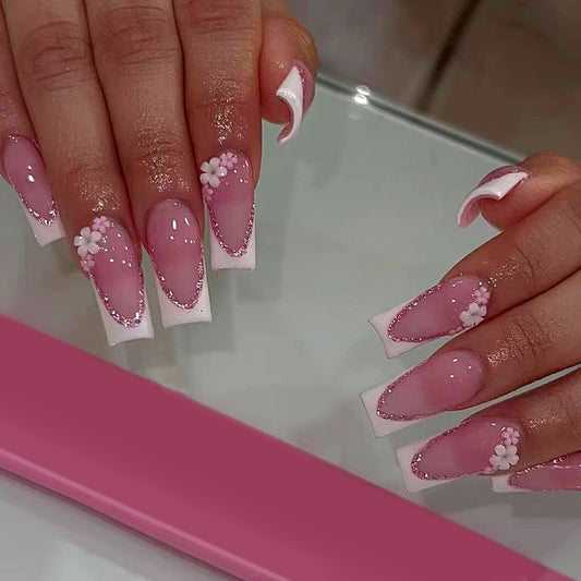 Charming Blossom Long Square Pink White Press On Nail Set with Floral Accents and Glitter Detail