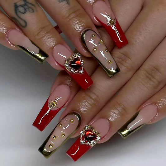 Royal Romance Long Coffin Press On Nails in Sheer Beige and Classic Red with Golden Accents and Jewel Embellishments
