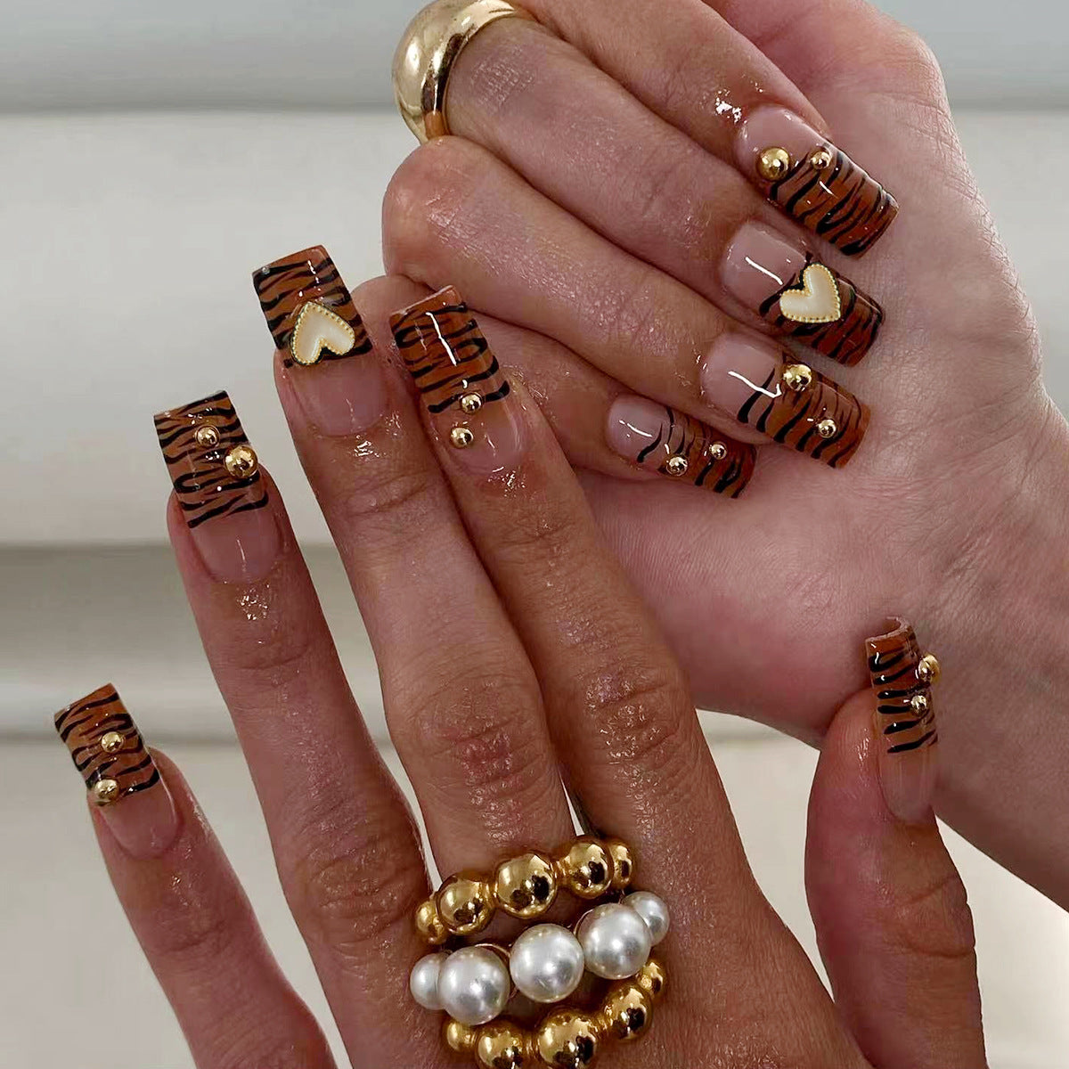 Safari Chic Long Coffin Brown Tiger Stripe Press On Nails with Gold Embellishments
