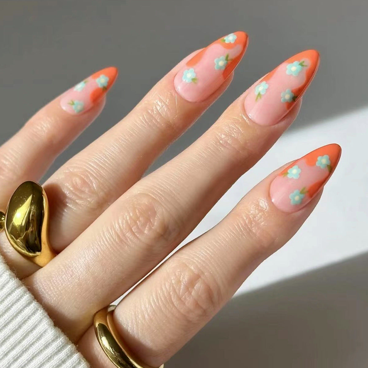 Spring Blossom Long Almond Peach Press On Nail Set with Floral Accents