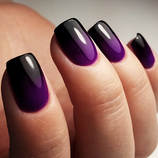 Mystic Night Medium Square Purple Ombre Glossy Press On Nail Set with Black Tips