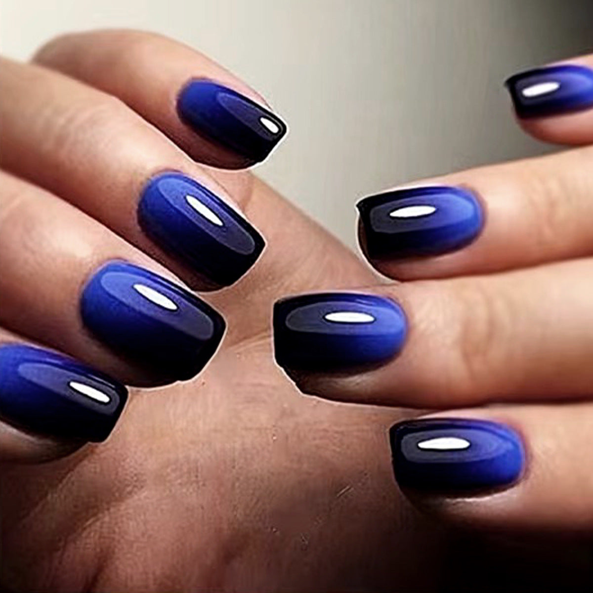 Midnight Chic Medium Square Deep Blue Press On Nail Set with Glossy Finish and White Moon Accents