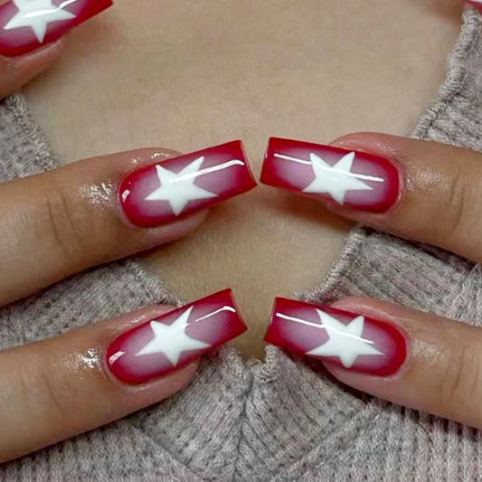 Bold Starry Red Long Square Press On Nail Set with Unique White Star Designs