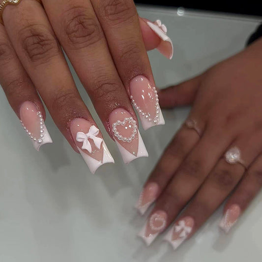 Elegant Romance Long Square Pale Pink Press On Nails with Rhinestone Accents and 3D Bow Design