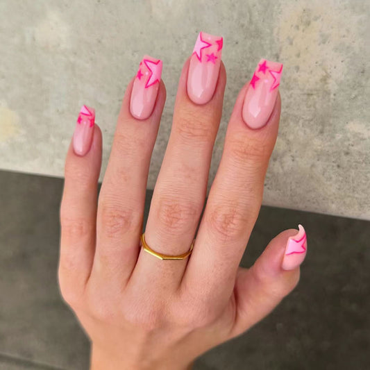 Enchanted Evening Long Coffin Pink Press On Nails with Lightning Bolt Accents