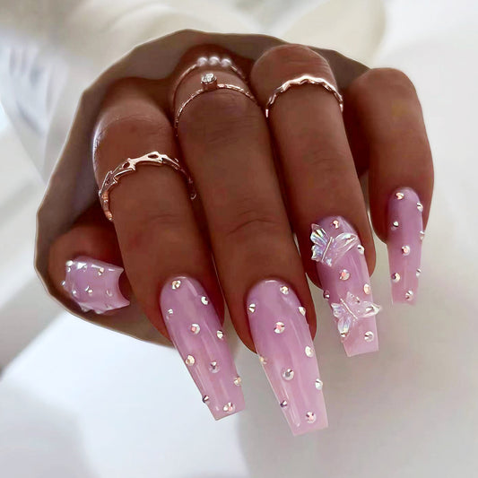 Butterfly Dream Long Coffin Pink Press On Nail Set with Rhinestone Accents and 3D Butterfly Charm