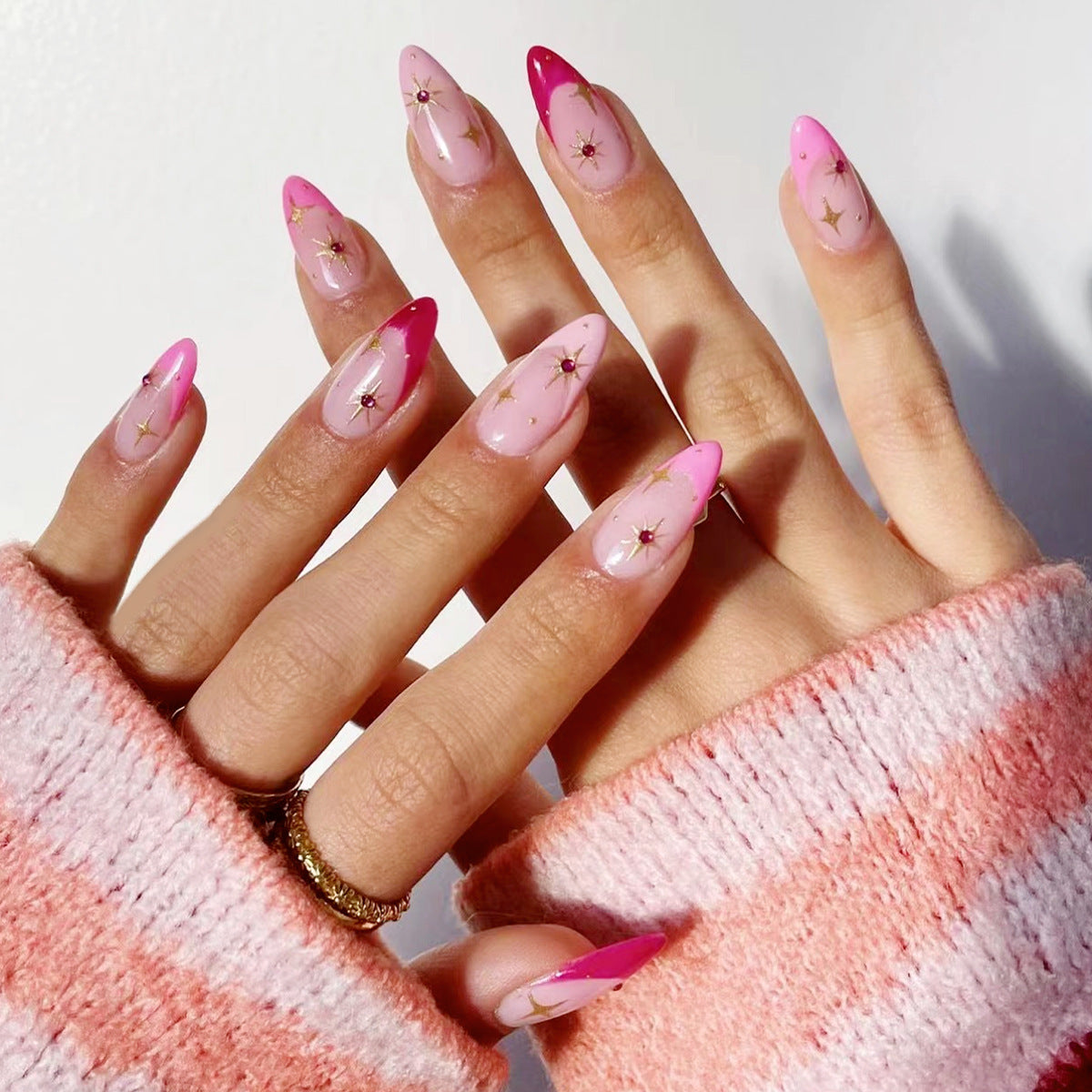 Glamorous Celestial Pink Long Stiletto Press On Nail Set with Star Accents