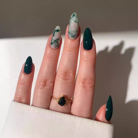 Mystical Forest Long Almond Green and Marble Effect Press On Nail Set
