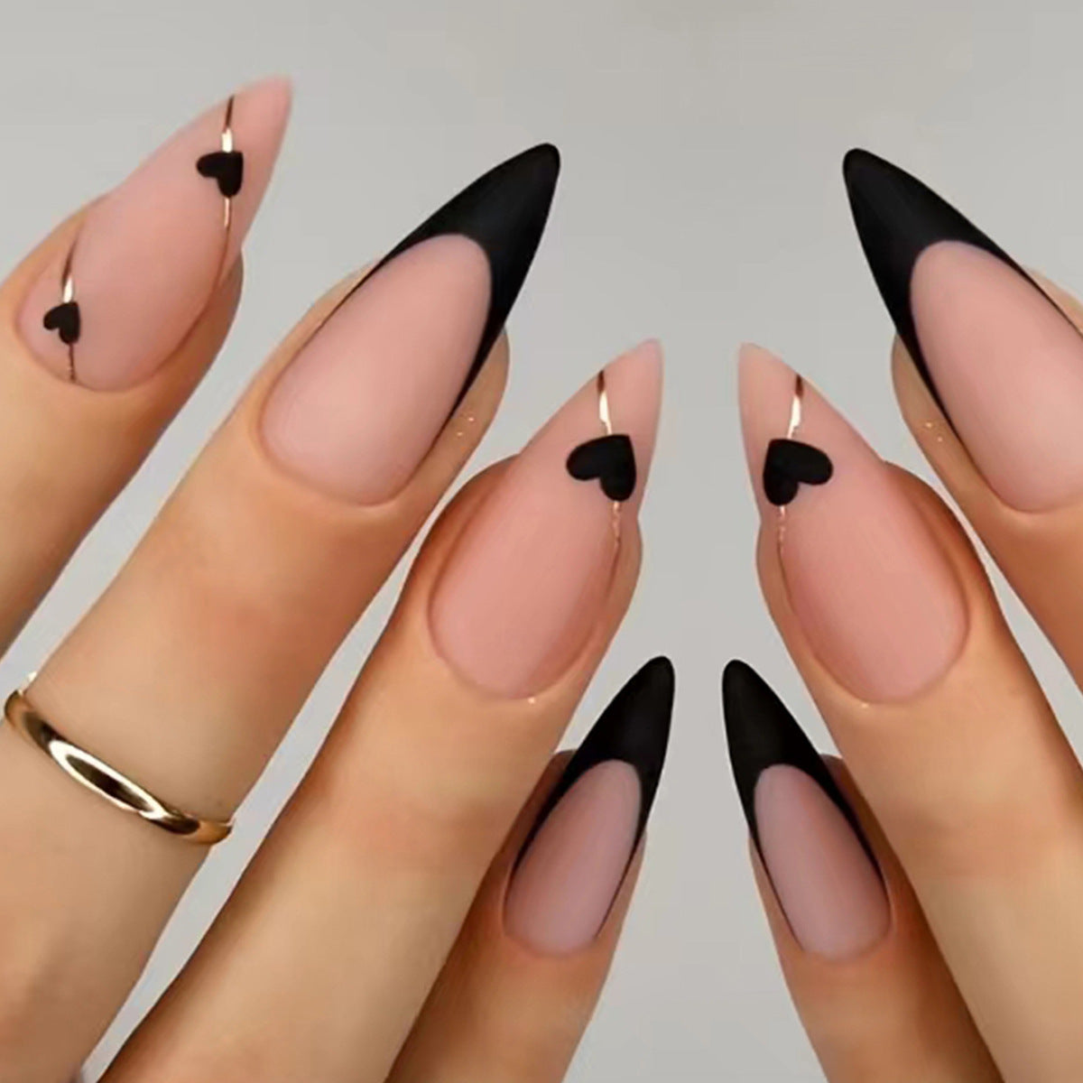 Gothic Romance Long Stiletto Press On Nail Set in Matte Pink with Black Tips and Heart Accent Detail