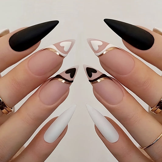 Love Story Elegant Stiletto Press On Nail Long Set Black and White with Heart Accents and Gold Detailing