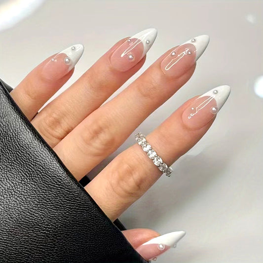 Royal Elegance Long Stiletto White Press On Nail Set with Transparent Tips and Silver Accents