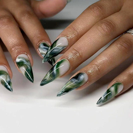 Enchanted Forest Long Stiletto Green Marble Swirl Press On Nail Set with Watercolor Effect