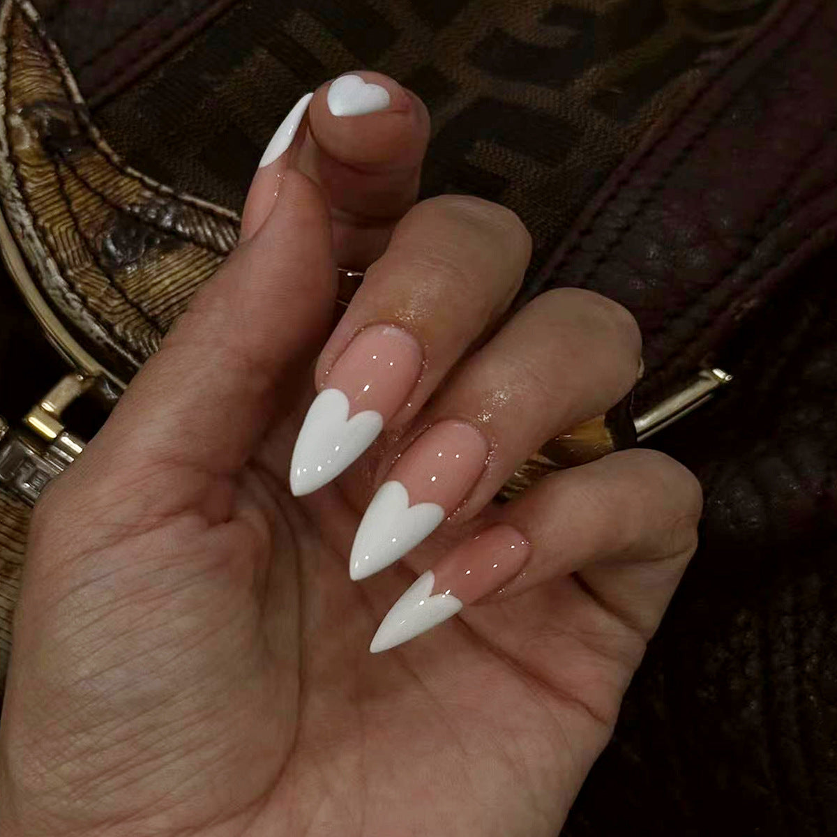 Enchanted Love Theme Long Stiletto Beige and White Heart Accent Press On Nail Set