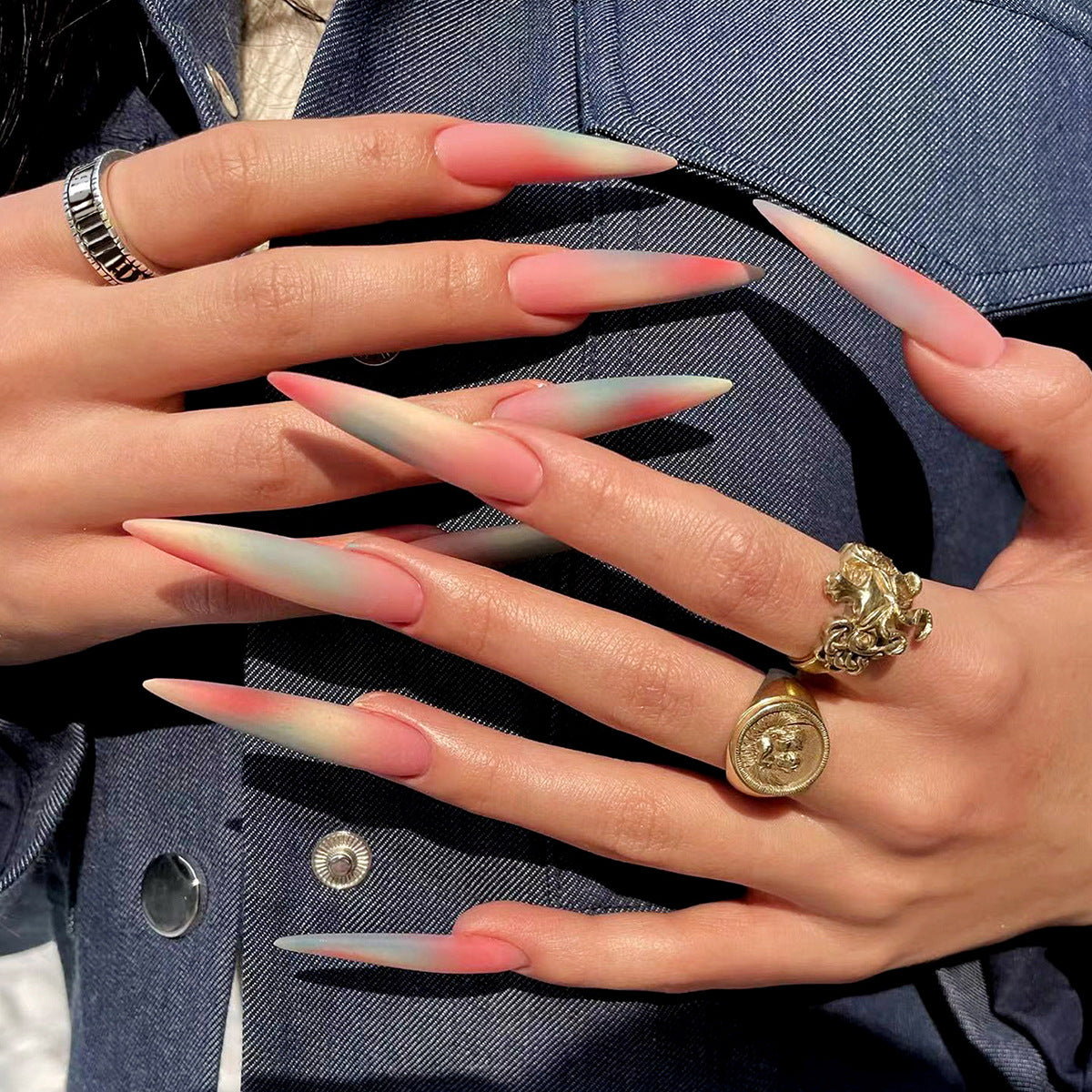 Sunset Ombr‚àö¬© Extra-Long Stiletto Press-On Nail Set in Coral to White Gradient with UV Reactive Glow Feature