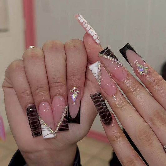 Enchanted Elegance Long Square Multi-Color Press On Nail Set with Rhinestone Accents & Glitter Highlights