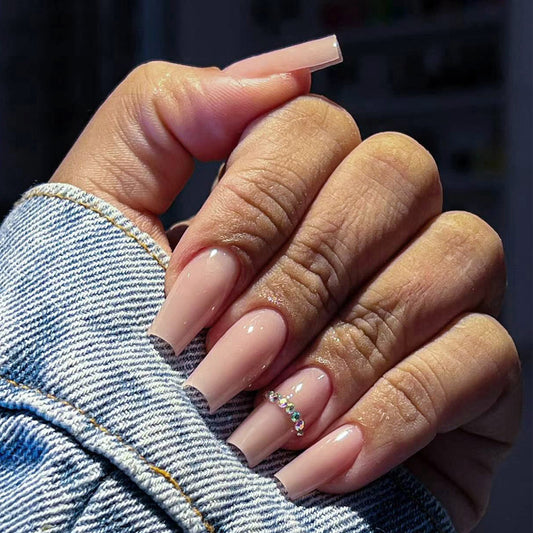 Chic Classic Long Coffin Press On Nails in Beige with Crystal Rainbow Accent