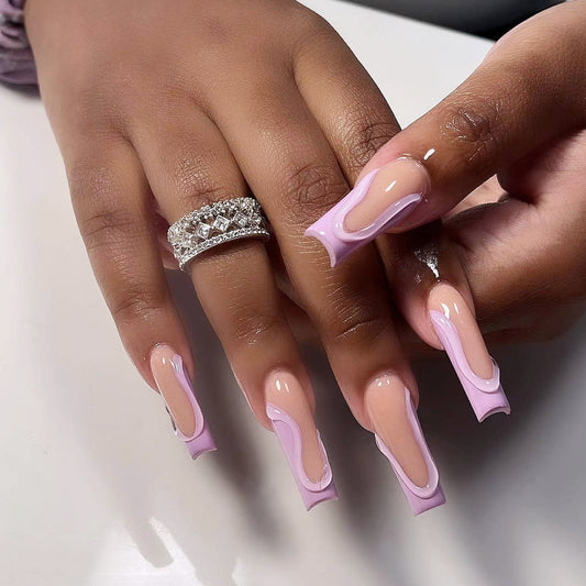 Elegant Affair Extra Long Coffin Beige Pink Press On Nails with Lavender Contour Detail