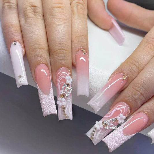 Glamorous Princess Long Square Pink Ombre Press On Nail Set with Floral and Gemstone Accents
