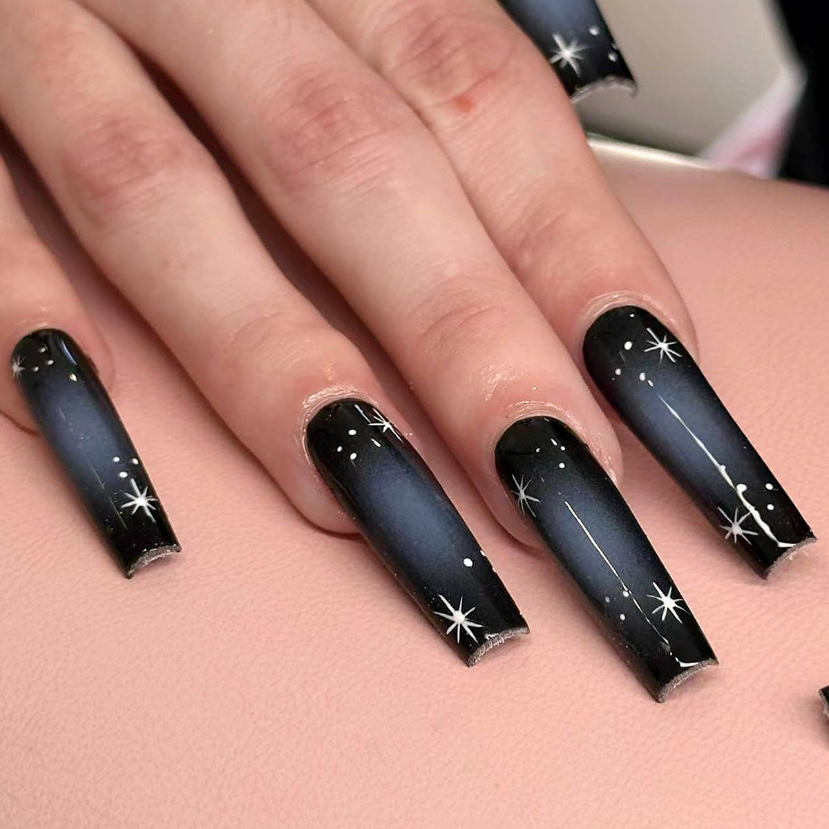 Celestial Navy Long Coffin Press On Nail Set with Starry Night Design
