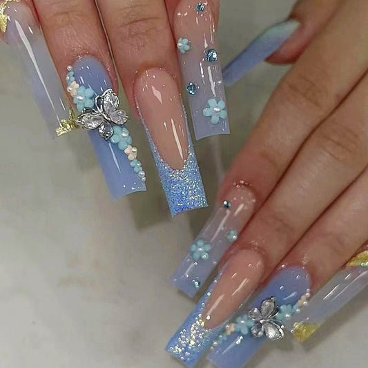 Dreamy Garden 3D Long Coffin Press On Nail Set in Blue Clear with Floral Embellishments and Glitter Fade