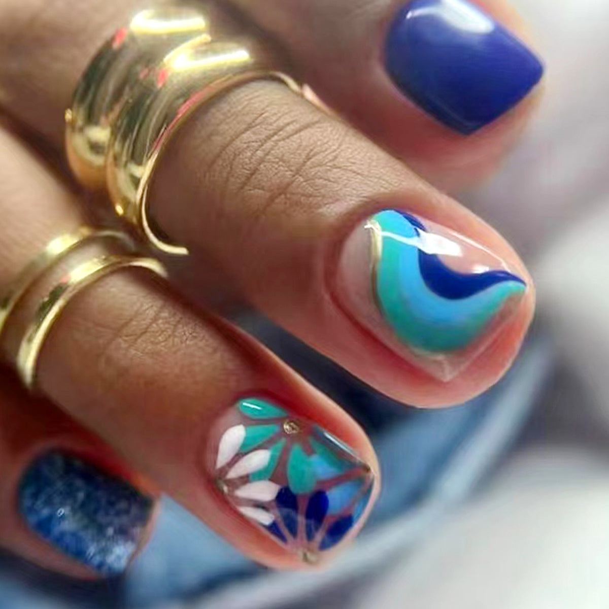 Ocean Breeze Short Square Blue and Teal Press On Nail Set with Artistic Wave Design