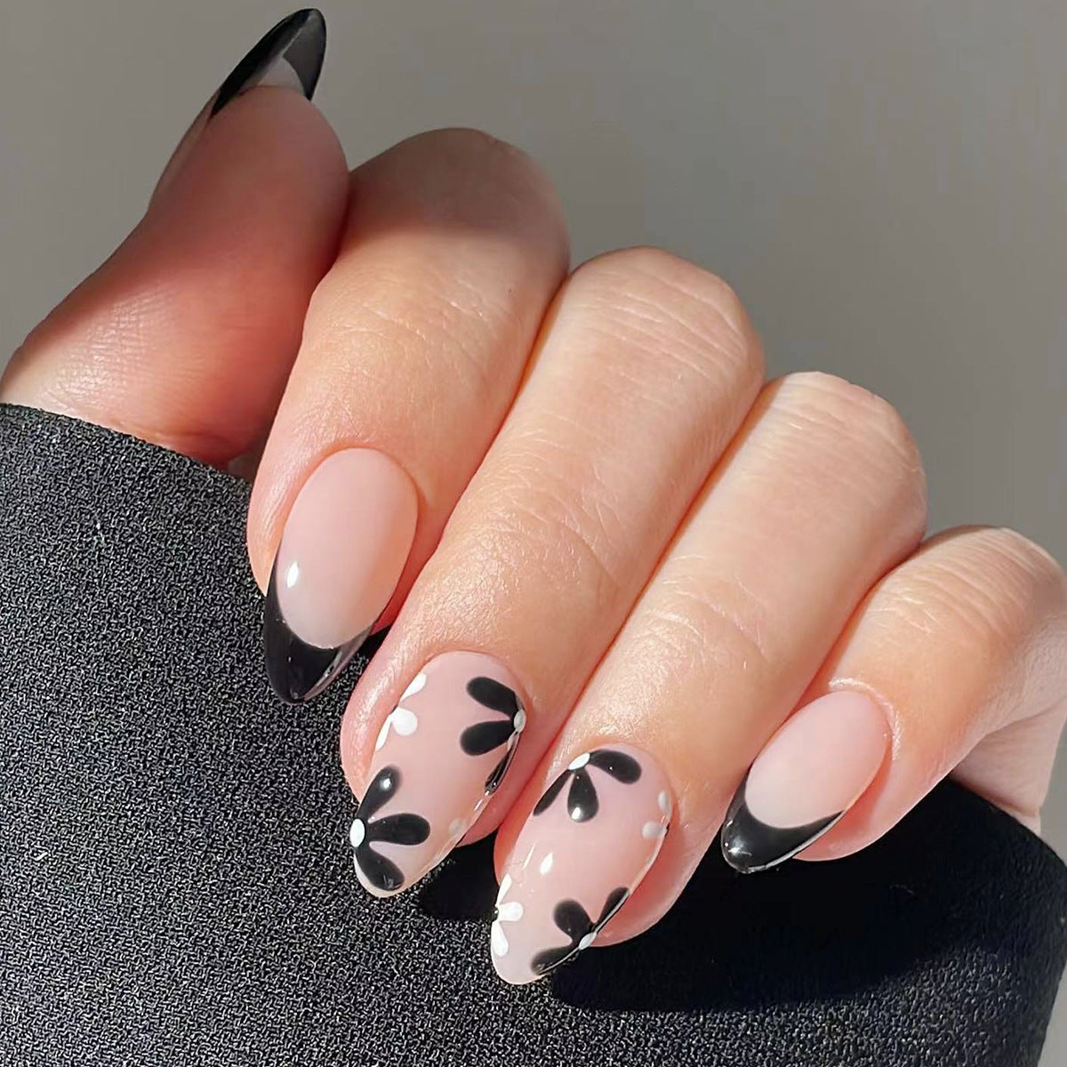 Elegant Affair Extra Long Almond Black and Pink Press On Nail Set with Floral Accents