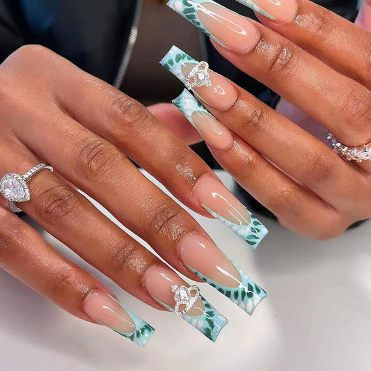 Ocean Elegance Long Stiletto Teal Marble Press On Nail Set with Diamond Accent
