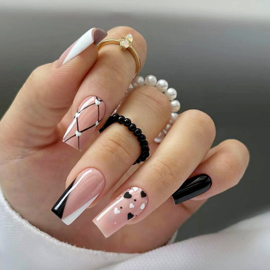 Modern Elegance Long Square Pink and Black Geometric Heart Design Press On Nail Set