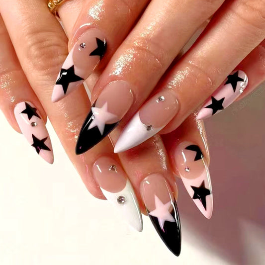 Celestial Glam Long Stiletto Press On Nails in Pink and Black with Star Designs and Rhinestone Accents