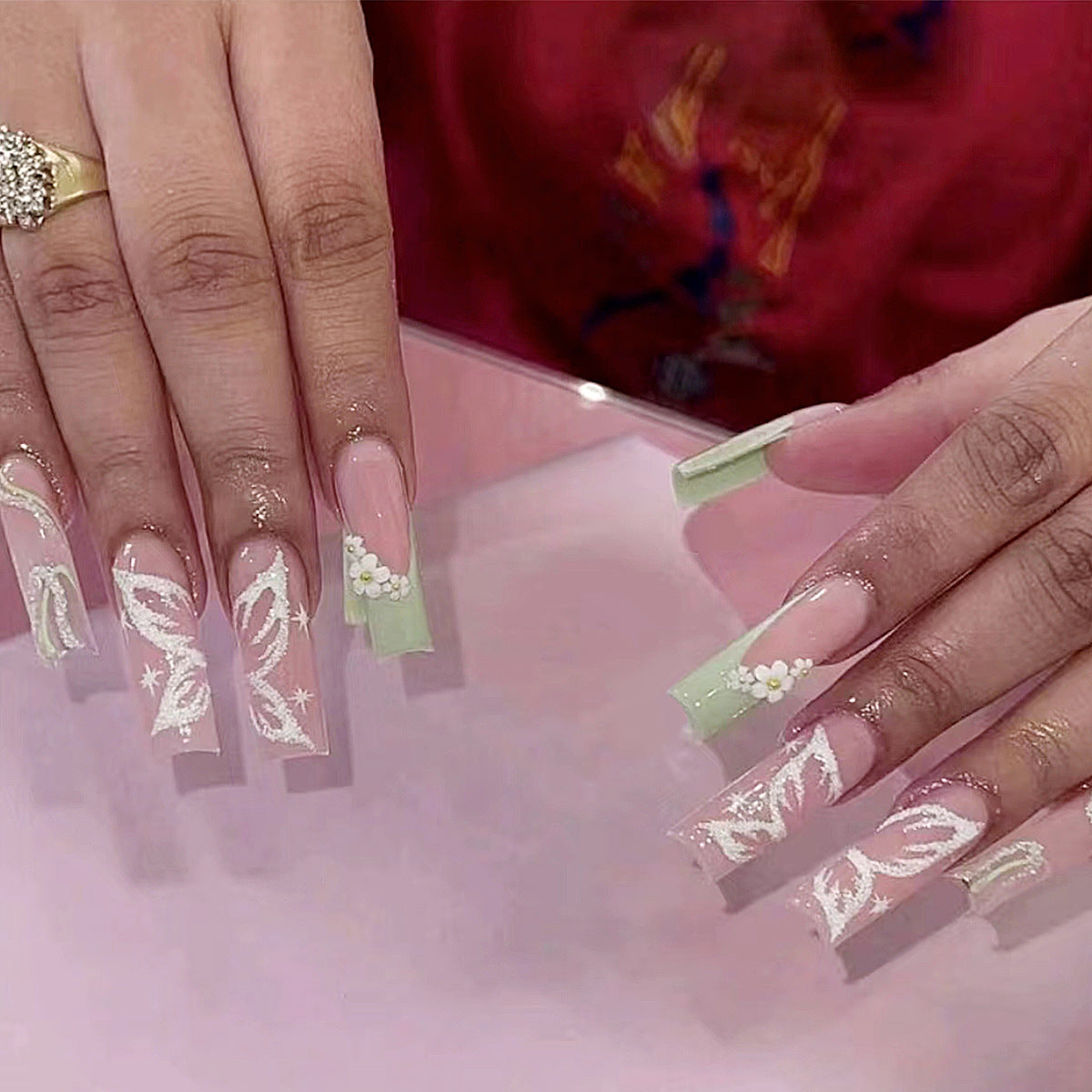 Ethereal Garden Long Duck Ombre Green Press On Nail Set with White Floral Art