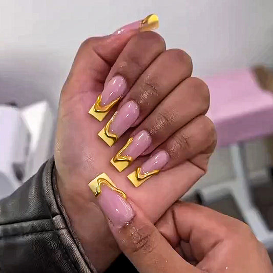 Golden Glamour Extra Long Coffin Lavender Press On Nails with Metallic Accents