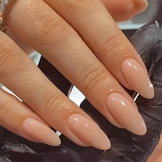 Elegant Sunset Almond Press On Nail Set Long Sharp Beige Gloss Finish with Unique Shimmering Details