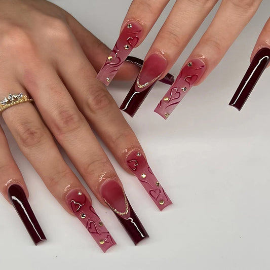 Romantic Burgundy Long Coffin Ombre Press On Nail Set with Heart Accents and Rhinestone Embellishments