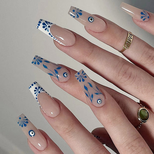 Bohemian Bliss Long Coffin Blue Floral Press On Nail Set with Evil Eye Accents