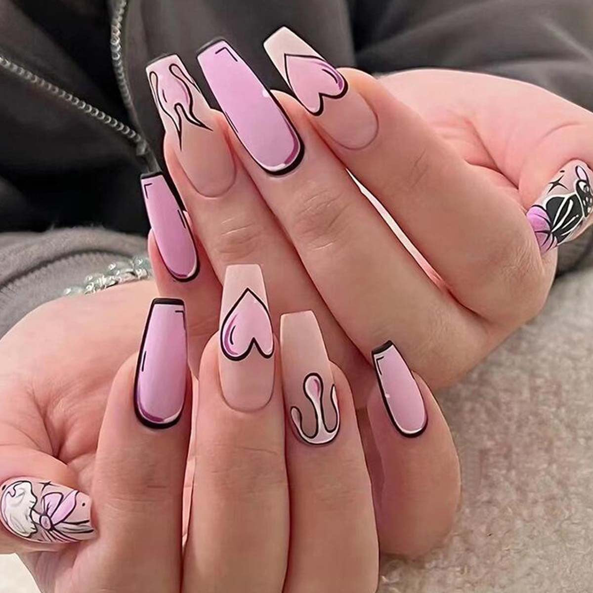 Romantic Pink Extra Long Coffin Press On Nail Set with Heart and Floral Designs