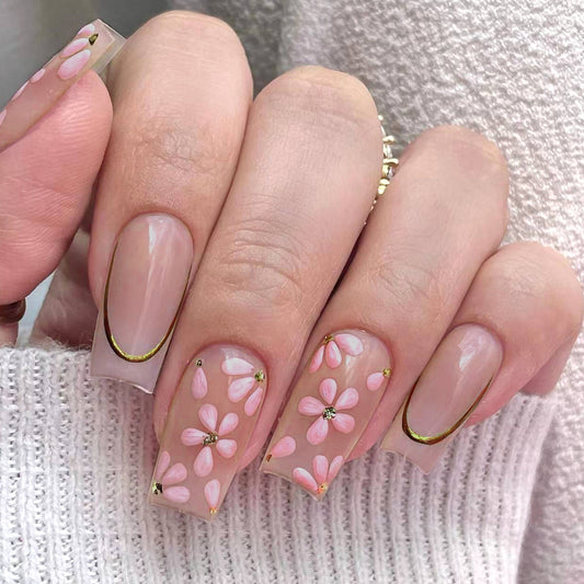 Enchanted Spring Bloom Long Coffin Pink Floral Press On Nails with Gold Accents