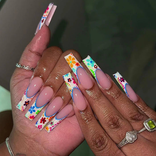Floral Fiesta Long Coffin Pink and Colorful Pattern Press On Nail Set