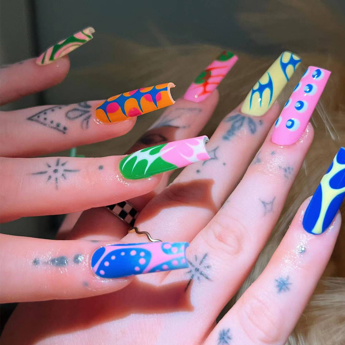 Whimsical Wonderland Long Almond Multicolor Press On Nail Set with Eye-catching Patterns