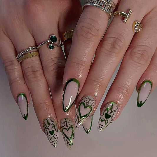 Forest Enchantment Long Almond Green and Beige Heart Design Press On Nails