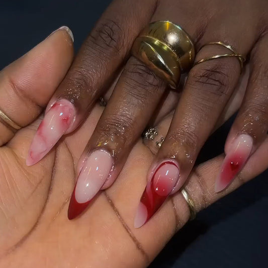 Gothic Elegance Long Almond Red and Pink Marble Design Press On Nails