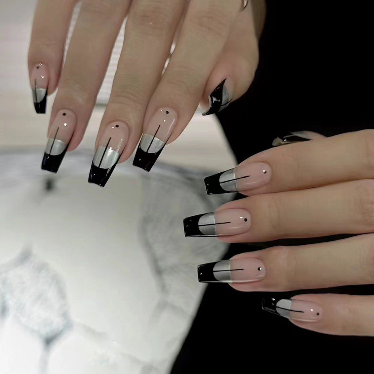 Elegant Evening Long Coffin Black and Silver Gradient Press on Nail Set with Rhinestone Accents