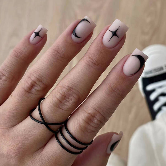 Elegant Abstract Art Medium Square Beige Black Starburst Press On Nail Set