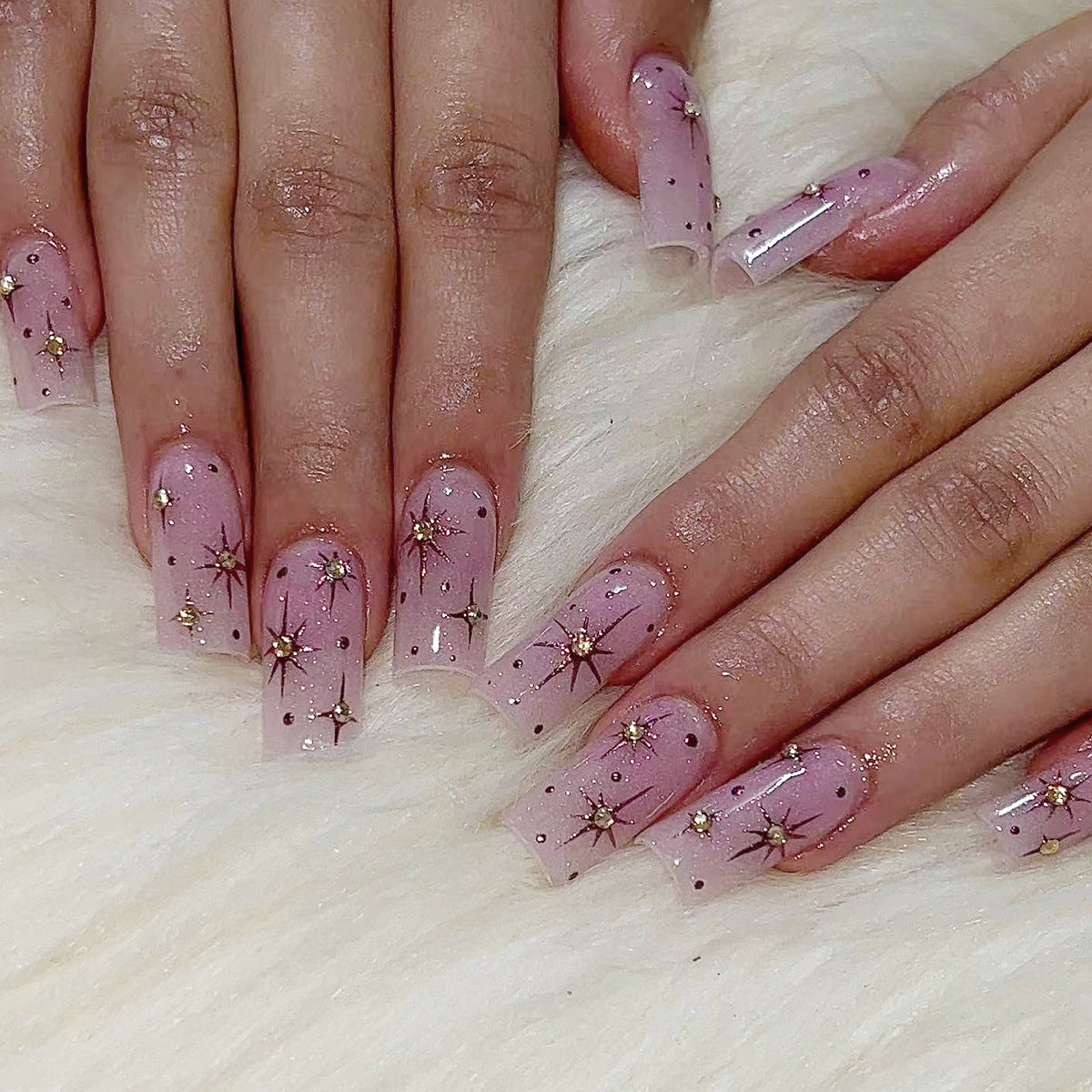Celestial Rose Long Square Press On Nail Set in Soft Pink with Glittering Star Accents