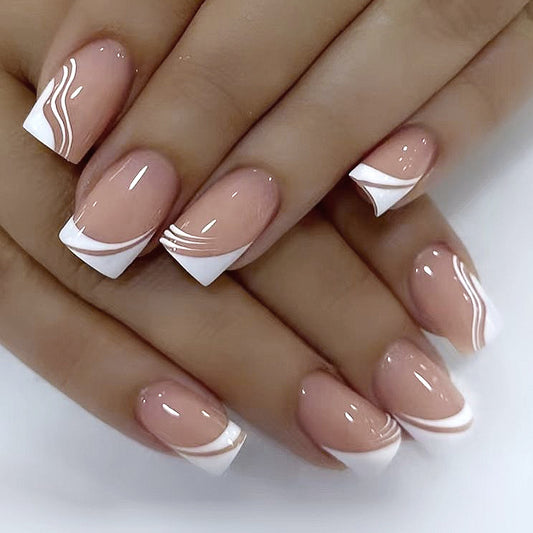 Elegant French Manicure Medium Square Beige Pink Press On Nails with White Tips and Swirl Accent Design